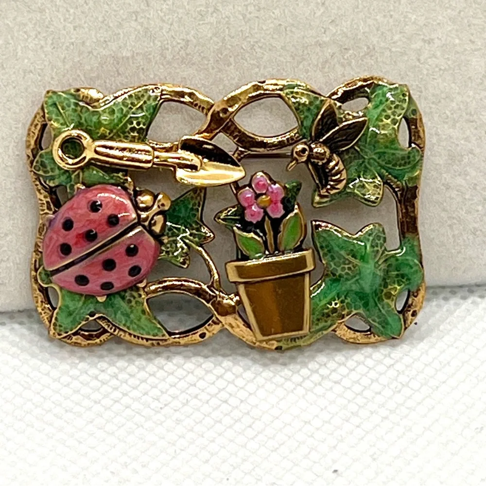 Vintage 3D Enamel Garden Scene Ladybug Flower Pot Gold Tone Rectangle Brooch Pin